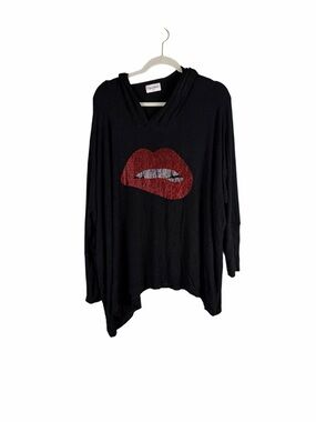 Lauren Moshi Black Rhinestone Lips Oversized Hooded Tunic Top XL Trisha Paytas